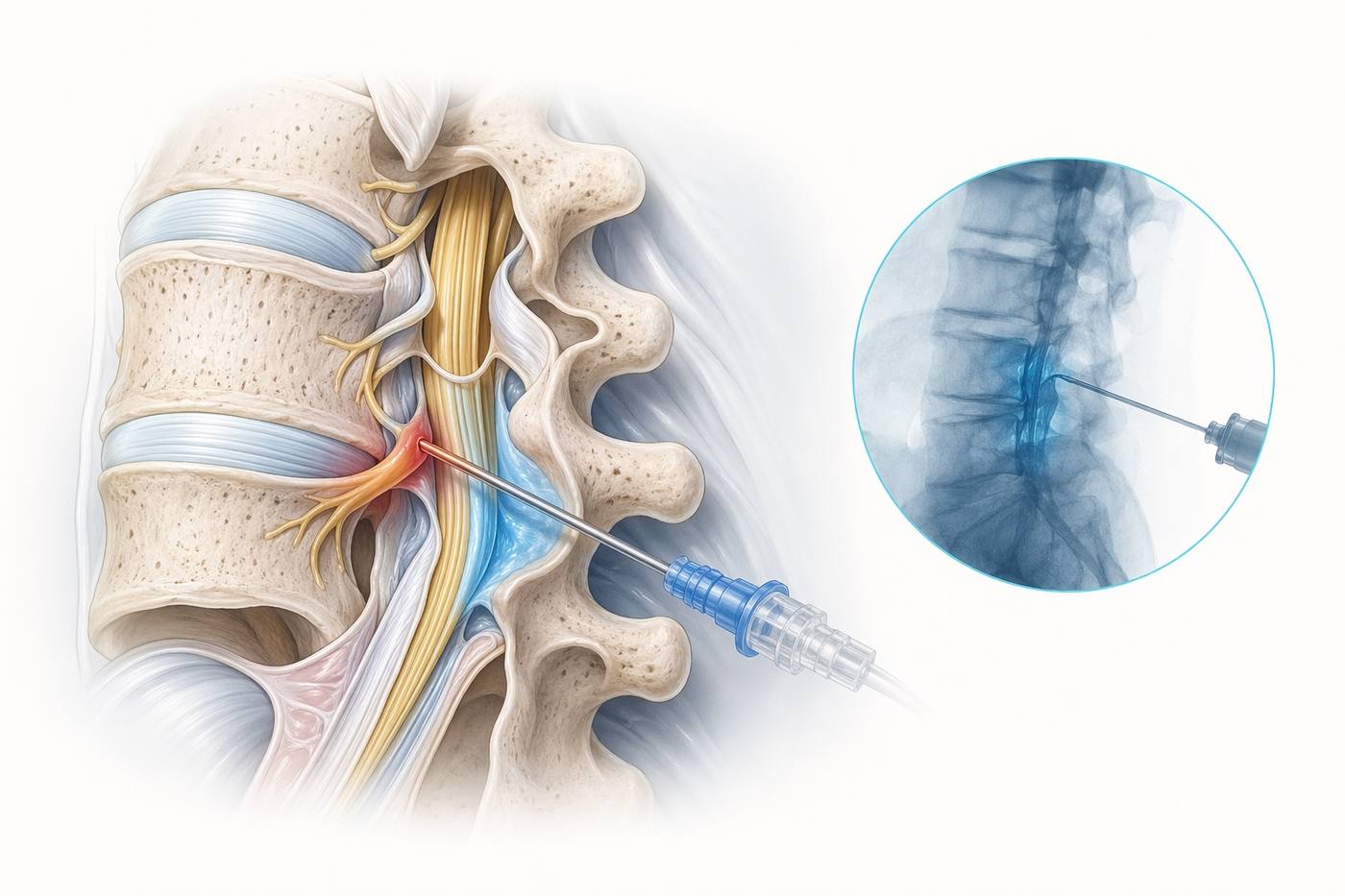 Medical illustration of a lumbar epidural steroid injection