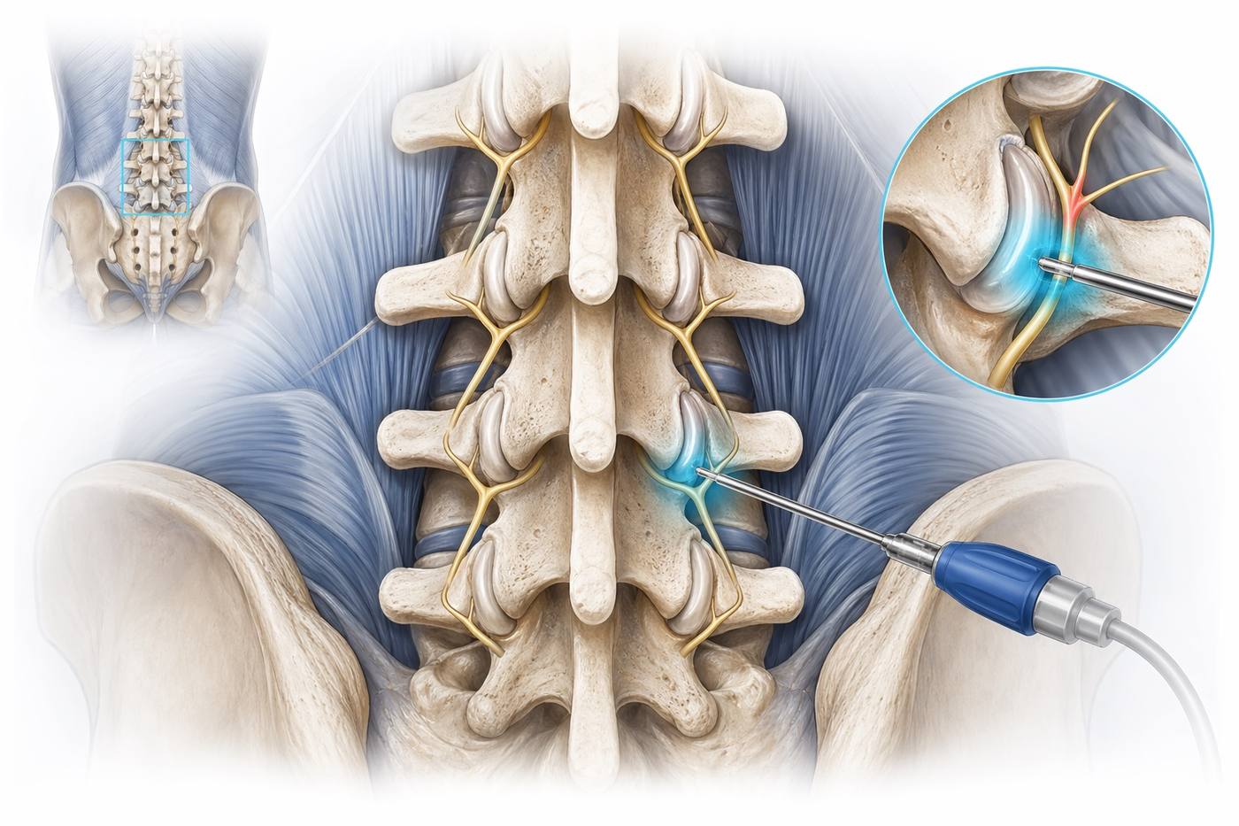 Medical illustration of radiofrequency ablation near lumbar facet medial branch nerves