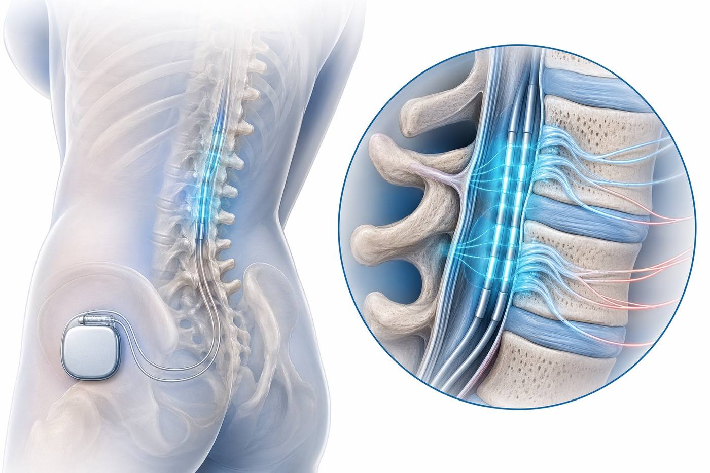 Medical illustration of spinal cord stimulation leads and pain signal modulation