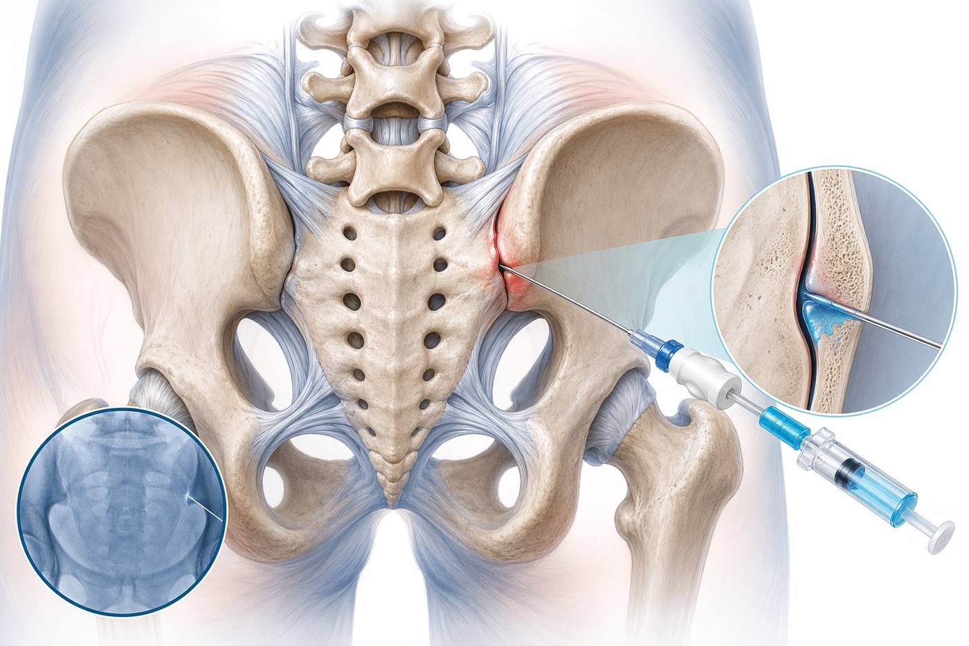 Medical illustration of a sacroiliac joint injection